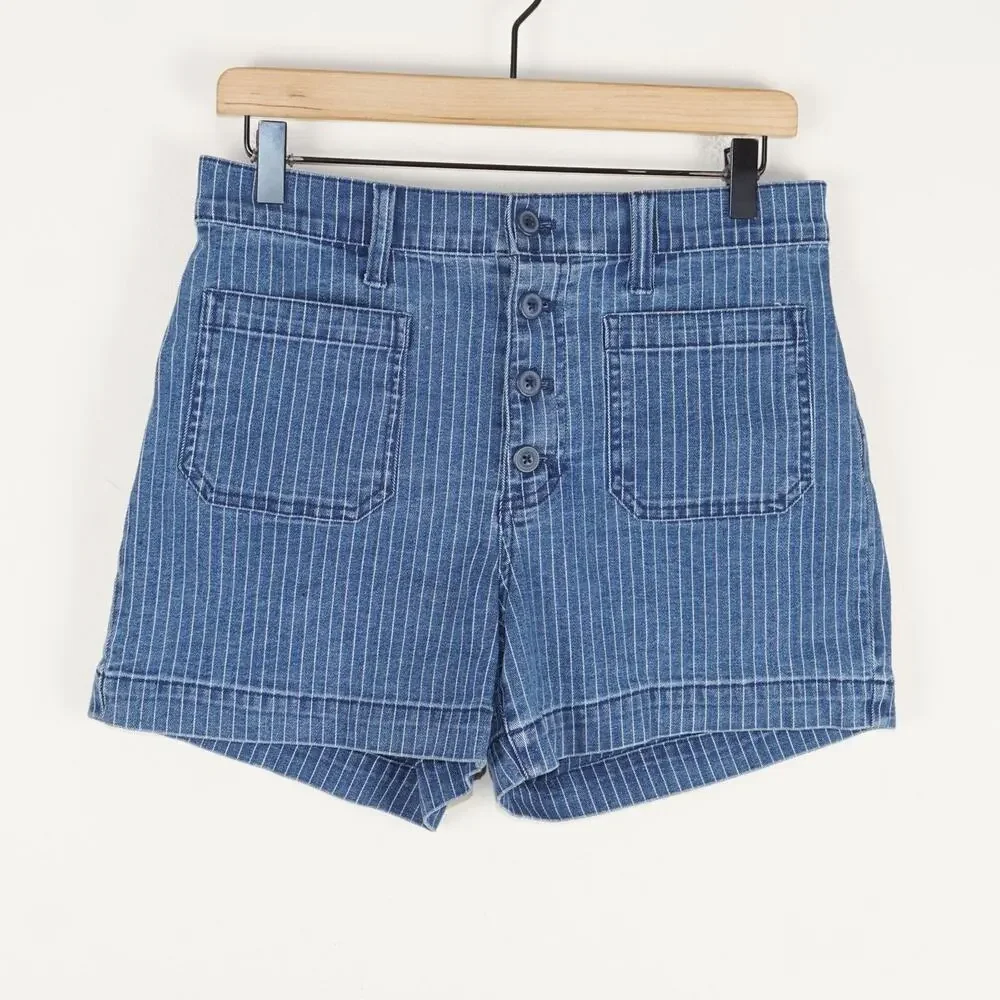 J Crew Patch Pocket Denim Button Herringbone Striped Blue Shorts Womens Sz 28 - Picture 1 of 9